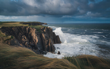 Jagged cliffs overlook a restless ocean, with wildflowers dotting windswept grass. Dark storm...