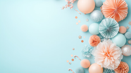 Obraz premium Elegant pastel holiday decorations with ornaments and paper flowers on blue background