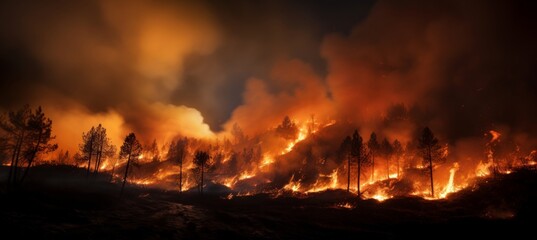 a forest fire at night with intense flames and smoke, wildfires in a wooded landscape.