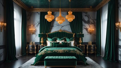 A luxurious master bedroom with rich, dark marble walls that feature subtle, grey veining, adorned with elegant, floor-to-ceiling velvet drapes in a deep