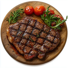Top view of a juicy Florentine Steak, Bistecca on wood plate, The wood plate is perfectly are arranged neatly, all captured against a pure white background