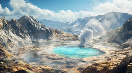 Obraz premium A volcanic crater with a steaming turquoise lake surrounded by rugged terrain, lake in the mountains