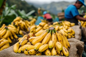 Farmers harvesting ripe bananas in plantation