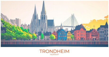 Trondheim Norway Travel Poster Flat Illustration Print Decor Gift Canvas Wall Art Gift