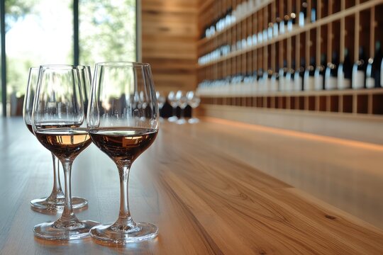 Upscale wine tasting event in a sleek, modern winery with polished wooden floors and elegant glassware.