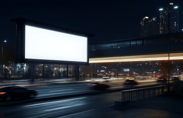Bright city lights illuminate an urban street scene during nighttime. A large, unlit billboard dominates the view, while cars pass by, creating streaks of light against the dark backdrop