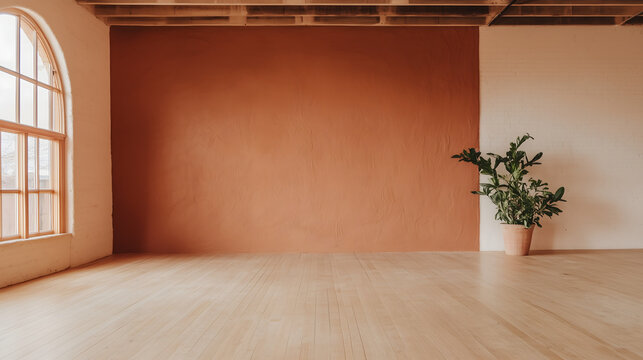 Modern minimalist interior with natural light and a warm color palette
