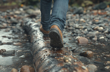 Naklejka premium A person carefully traverses a wet, fallen log across a rocky riverbed. The environment is tranquil, with numerous smooth pebbles surrounding the water and a hint of rain in the air