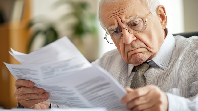 Elderly person flipping through business documents, furrowing their brows as they review data in a bright office space