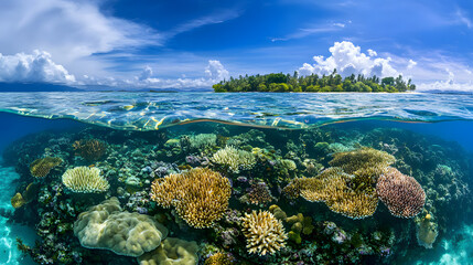 Obraz premium A panoramic drone view of a vibrant coral reef system with clear water, coral reef in the blue sea