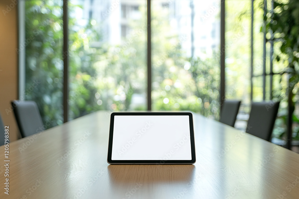 Poster tablet with a blank screen on a desk in a modern office with bright sunlight through windows