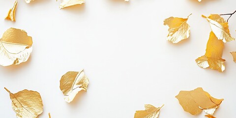 Naklejka premium Pieces of abstract golden foil on white background. scattered crumpled golden foil top view perspective, glamorous wallpaper