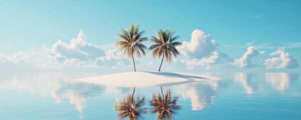 Tropical Island Escape, serene beach with palm trees, vibrant blue sky, inviting white sand, minimalist design for vacation inspiration