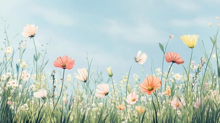 Fototapeta premium serene spring meadow with blooming wildflowers in soft pastel hues and vibrant blossoms with a clear sky illustration