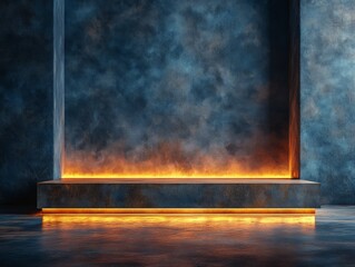 A modern, illuminated display area with a textured blue wall and a glowing orange base.