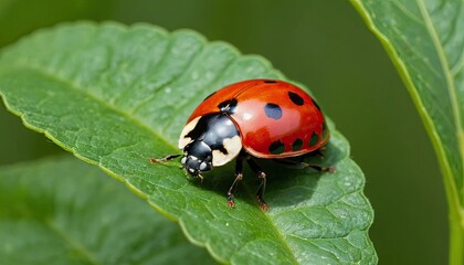 Fototapeta premium , A bright ladybug perched on a green leaf, showcasing its vibrant red wings with black spots, symbolizing good luck, renewal, and the delicate balance of garden ecosystems-