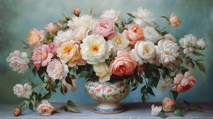 
A pastel-themed bouquet of roses and peonies arranged in a vintage vase, bouquet of flowers