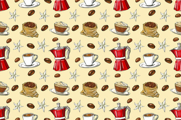 Watercolor coffee seamless pattern. Food background with roasted coffee beans, coffee mug, coffee pot and flowers on a beige background. Hand drawn illustration. Design for textile, packaging