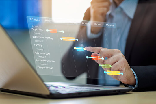 Project manager working and update tasks with milestones progress planning. Businessman using laptop computer plan schedule virtual diagram, business project management concept.