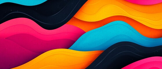 A vibrant abstract design featuring flowing waves of colors including pink, orange, blue, and black, creating a dynamic visual effect.