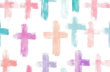 Bright and vibrant strokes form a pattern of cross shapes on a clean white background. This design is playful and contemporary, perfect for various creative projects or decor