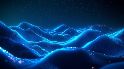 Digital wave-like terrain, rendered in deep blue with soft neon lights tracing the peaks and valleys of the landscape