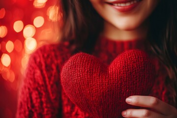 Girl showing knitted red heart with romantic bokeh lights celebrating valentine's day