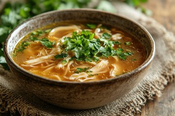 warm stock photo of chicken noodle soup bowl with fresh herbs and golden broth sitting on rustic wooden table with