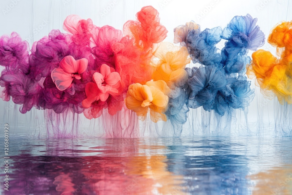 Poster bold display of multicolored ink blooms spreading across wet canvas with soft edges blending seamles