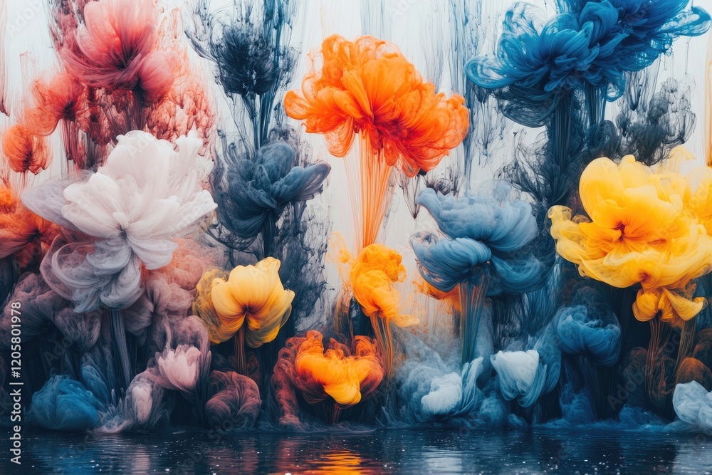 Poster bold display of multicolored ink blooms spreading across wet canvas with soft edges blending seamles