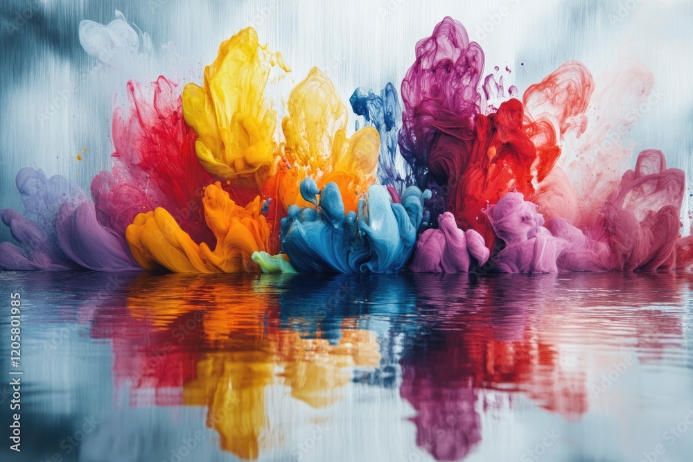 Poster bold display of multicolored ink blooms spreading across wet canvas with soft edges blending seamles