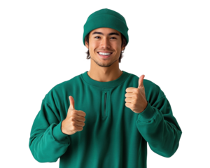 Positive vibes man in green clothing giving thumbs up lifestyle concept
