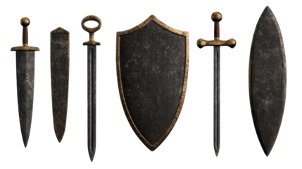 A collection of ancient swords and shields showcasing historical craftsmanship. transparent background