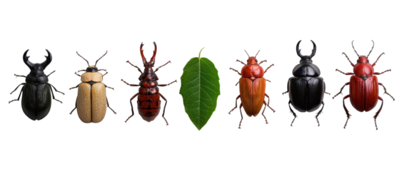 A collection of colorful beetles showcasing various species and their distinct features. transparent background