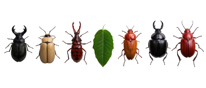 A collection of colorful beetles showcasing various species and their distinct features. transparent background