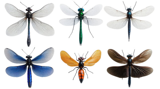 A collection of colorful dragonflies showcasing diverse wing patterns and colors. transparent background - Powered by Adobe