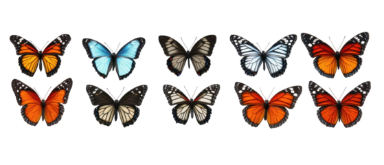 A colorful array of butterflies showcasing diverse patterns and vibrant wings. transparent background