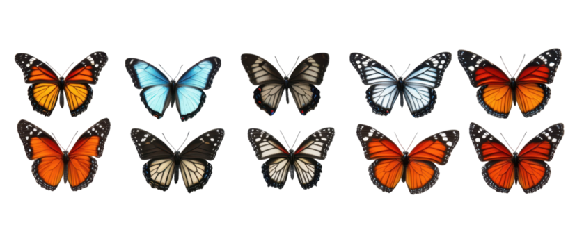 A colorful array of butterflies showcasing diverse patterns and vibrant wings. transparent background