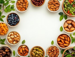 Obraz premium Assorted Nuts Fruits and Greens Arranged in a Frame