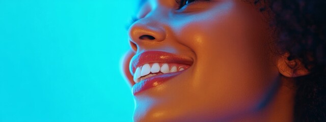 Smiling Woman with Healthy Teeth on Blue Background, Vibrant Dental Health Promotion for Clinic or Business Concept