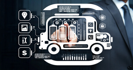 Innovative Logistics and Transportation Concept with Digital Interface and Businessman Interacting with Virtual Truck Solution