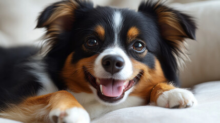 Obraz premium Happy dog with joyful expression, isolated on light background. This adorable canine features black, brown, and white coat, showcasing its playful personality and charm