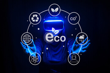 Virtual Reality Technology Embracing Eco-Friendly Solutions for Sustainable Future with Person Wearing VR Headset and Environmental Icons Surrounding