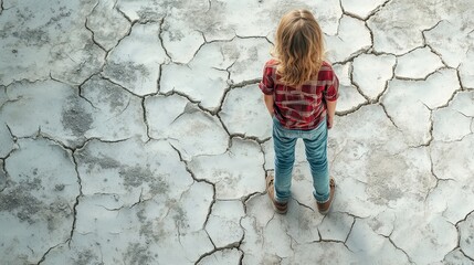 Child Standing on Cracked Earth Highlighting Water Crisis