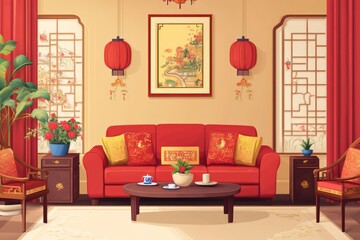 Chinese New Year living room interior, cartoon style