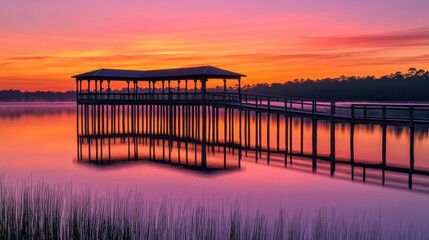Obraz premium wooden pier extends into the water, creating a sense of depth and inviting the viewer into the serene landscape. Sunrise or sunset over the lake