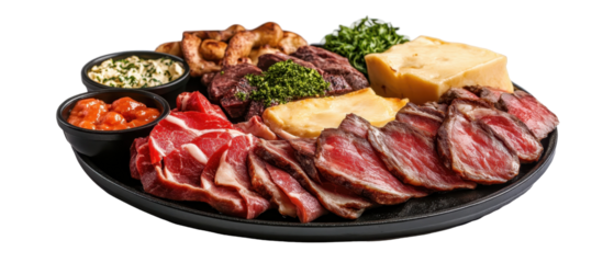 A gourmet platter filled with assorted meats, cheeses, and fresh garnishes. transparent background