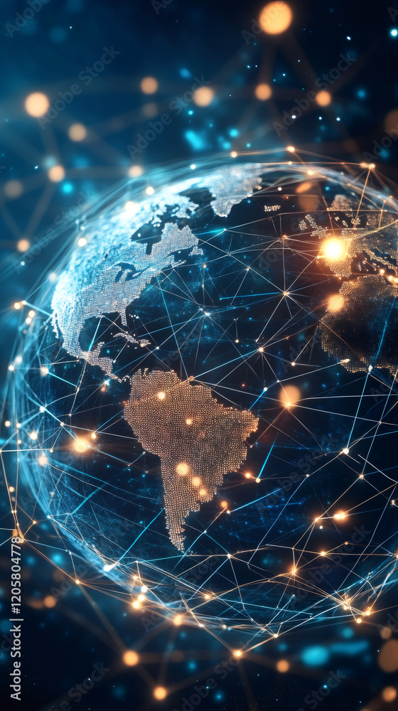 Fototapete Planet Earth rotating in space with network and nodes, representing global data exchange and internet infrastructure