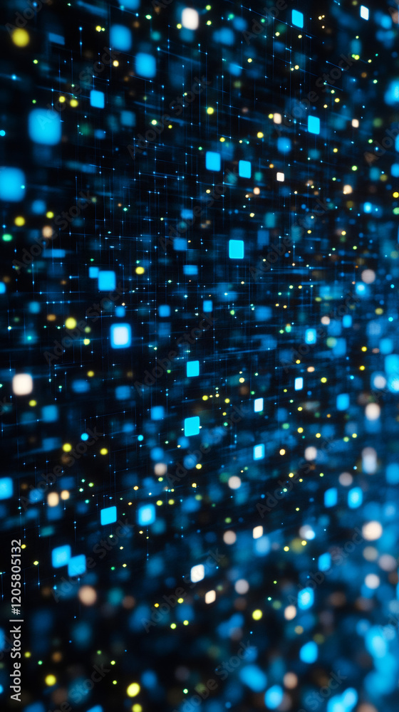 Poster digital network glowing blue, transforming data patterns, symbolizing technological innovation and a