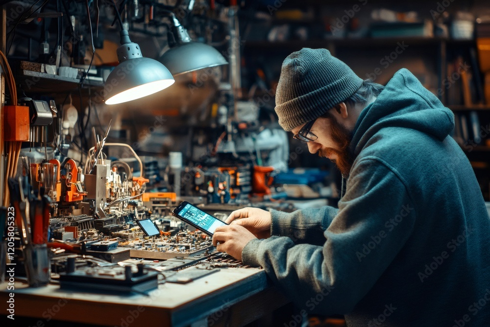 Poster Technician using smartphone while repairing electronic circuit board in workshop